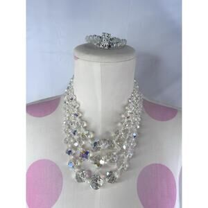 Vtg Glass Cut AB Crystal Faceted Choker Necklace Multi Strand Bracelet Costume